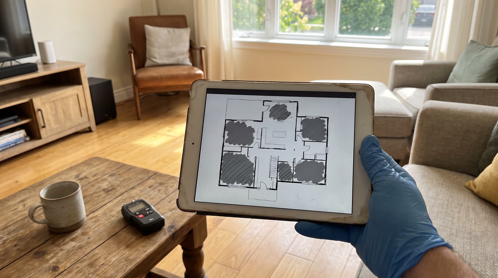 Inspection tablet showing a floor plan with marked wet areas