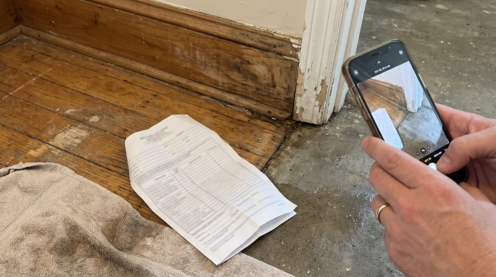 Homeowner photographing water damage for an insurance claim